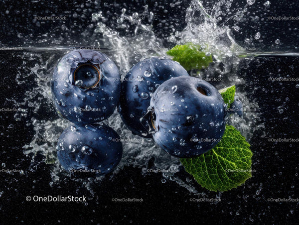 Blueberries Splashing Water with Mint Leaves in Dynamic Close-Up