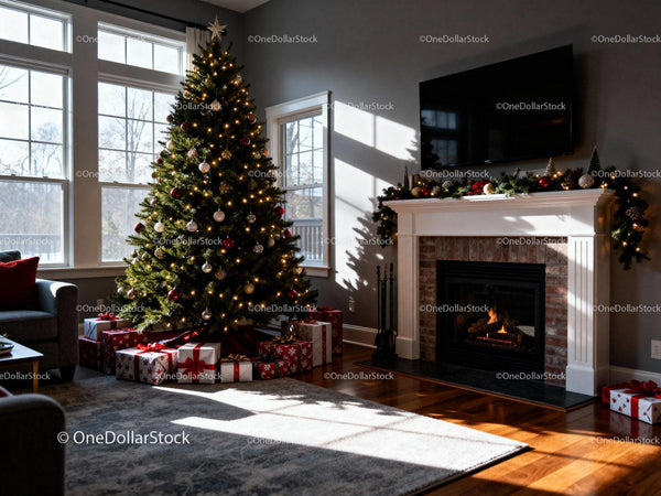 Cozy Living Room With Christmas Tree and Fireplace