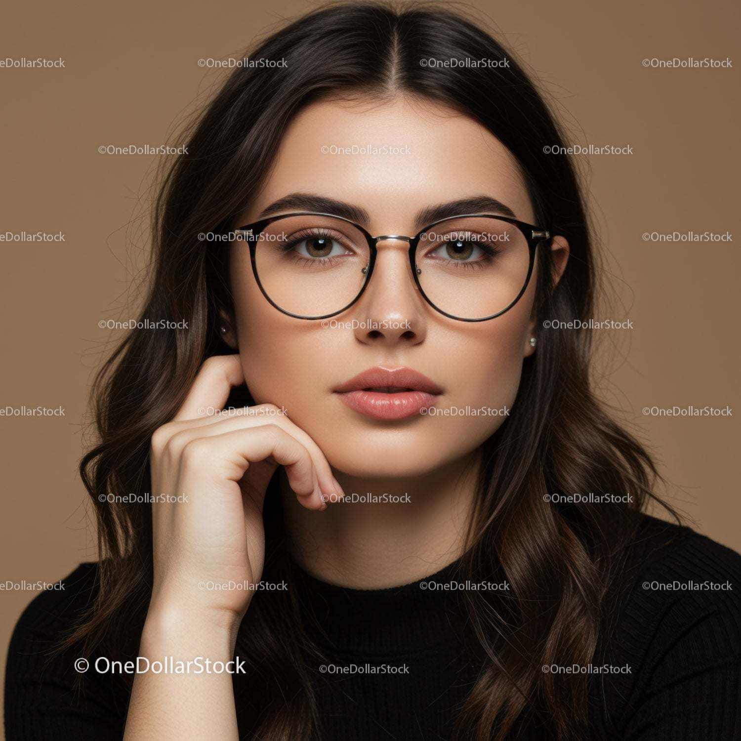 Elegant Woman Wearing Stylish Round Glasses in Fashionable Studio Portrait