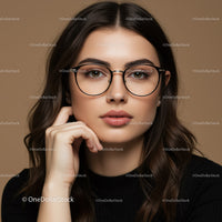 Elegant Woman Wearing Stylish Round Glasses in Fashionable Studio Portrait