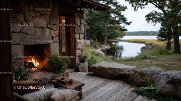Rustic Stone Fireplace on Outdoor Deck with Lake View and Forest