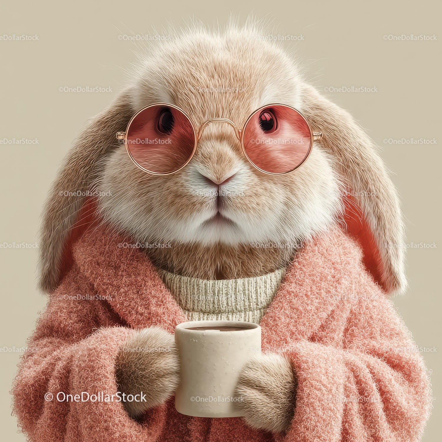 Cute Bunny Wearing Sunglasses and Cozy Pink Sweater Holding Coffee Mug