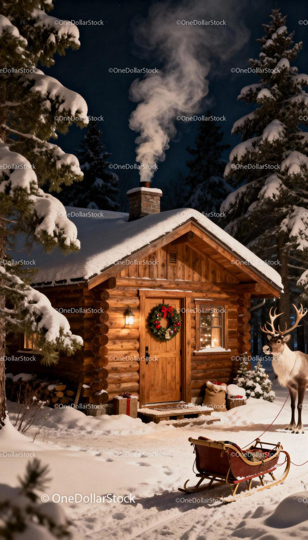 Cozy Log Cabin with Festive Wreath and Reindeer in Snow