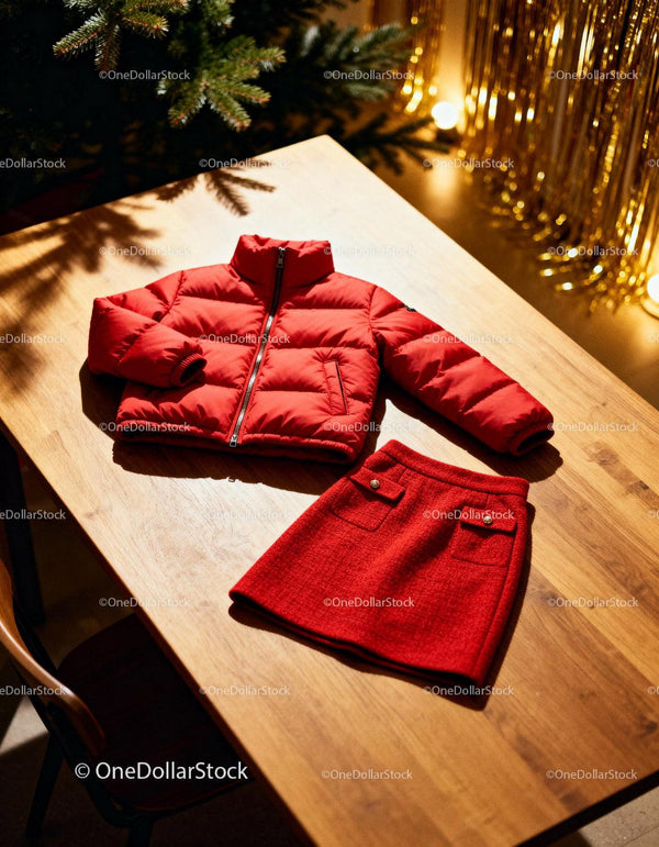 Red winter jacket and skirt on wooden table