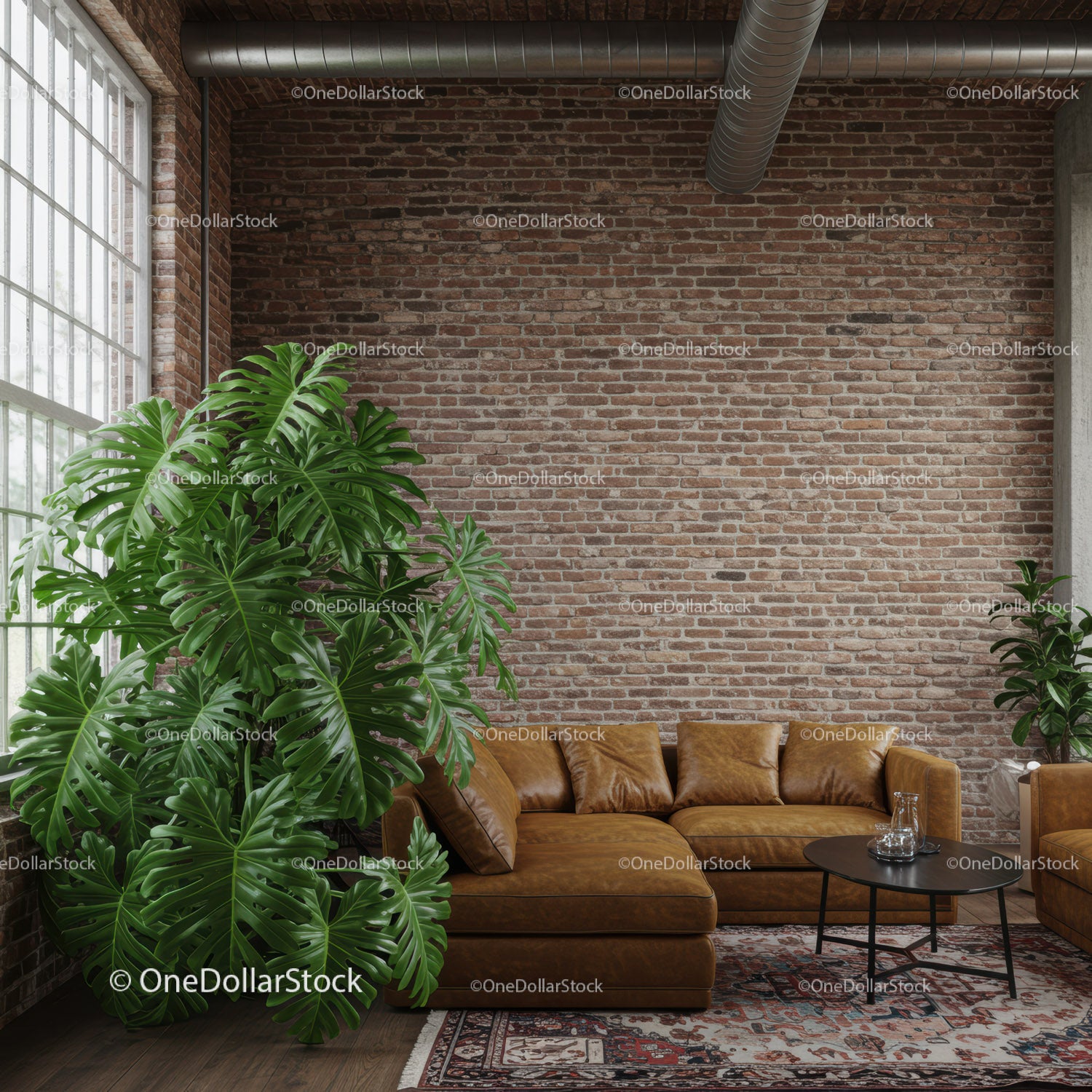 Nowoczesny salon w stylu industrialnym ze skórzaną sofą i dużą zieloną rośliną