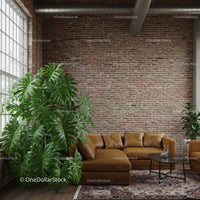 Modern Industrial Living Room with Leather Sofa and Large Green Plant