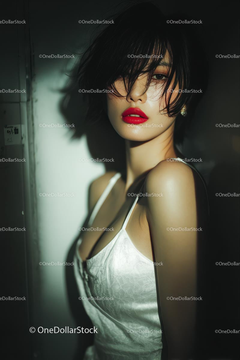 Elegant Woman with Red Lips in Stylish Evening Dress