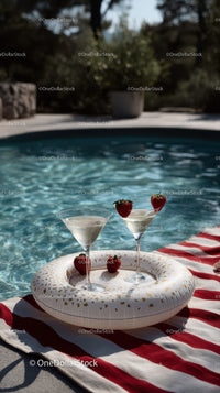 Strawberry Cocktails by Poolside with Striped Towel and Bright Water