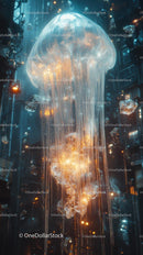 Futuristic Bioluminescent Jellyfish Underwater Scene with Glow