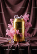 Golden can with ice cubes and pink colored smoke