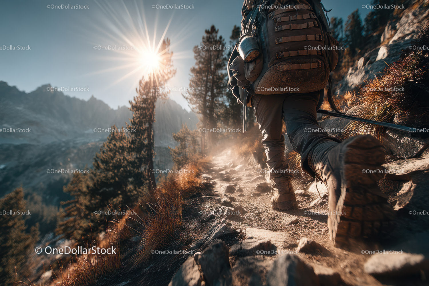 Dynamic Mountain Trail Hiker with Backpack Trekking Outdoors