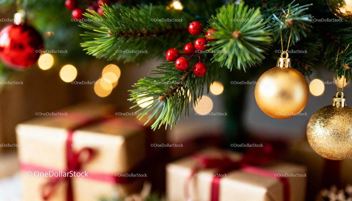 Close Up of Christmas Tree with Gold Ornaments and Gifts