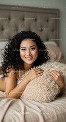 Smiling woman relaxing with fluffy pillow in cozy bedroom