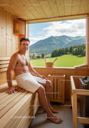 Male Relaxing in Sauna with Mountain View and Green Landscape