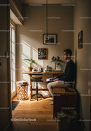 Man reading a book in cozy sunlit corner
