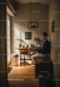 Man reading a book in cozy sunlit corner