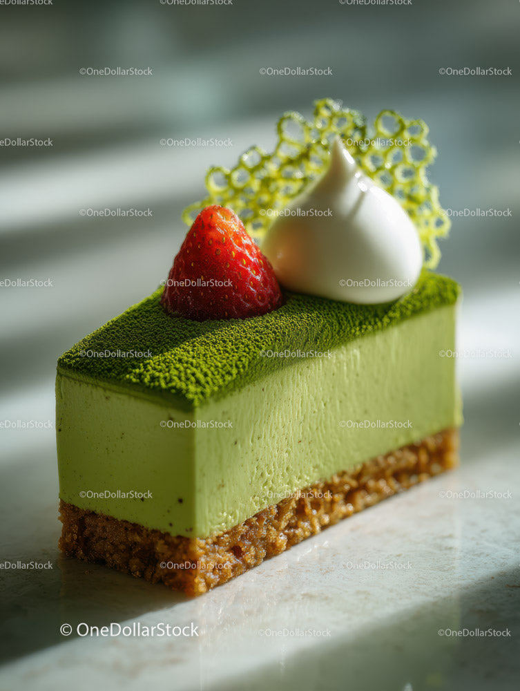 Elegant Green Tea and Strawberry Mousse Dessert with Crispy Base
