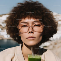 Young Woman with Curly Hair Wearing Sunglasses Drinking Green Smoothie