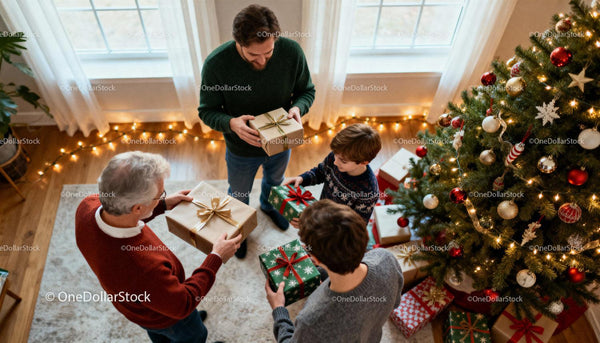 Family Sharing Gifts Around Christmas Tree at Home