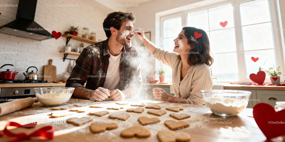 Couple having fun baking heart-shaped cookies together