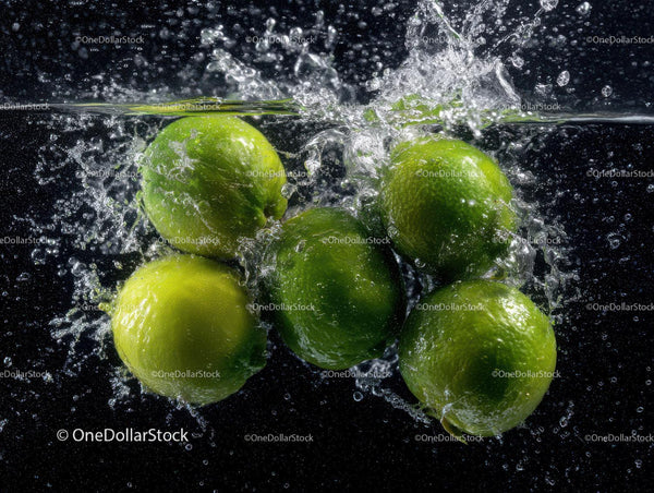 Fresh Green Limes Splashing into Water with Vibrant Juicy Appeal