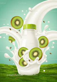 Fresh Kiwi Splashing Into Milk Bottle on Green Grass