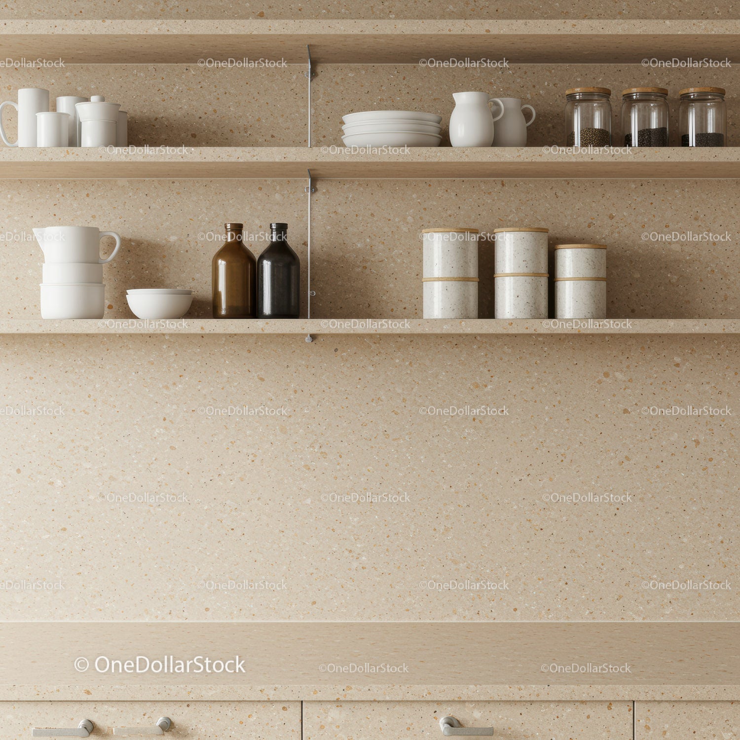 Modern Kitchen Shelving with Ceramic Mugs and Storage Jars