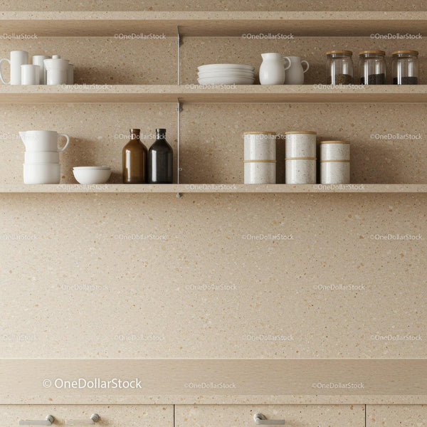 Modern Kitchen Shelving with Ceramic Mugs and Storage Jars