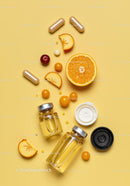 Vitamin supplements and citrus fruits on yellow background