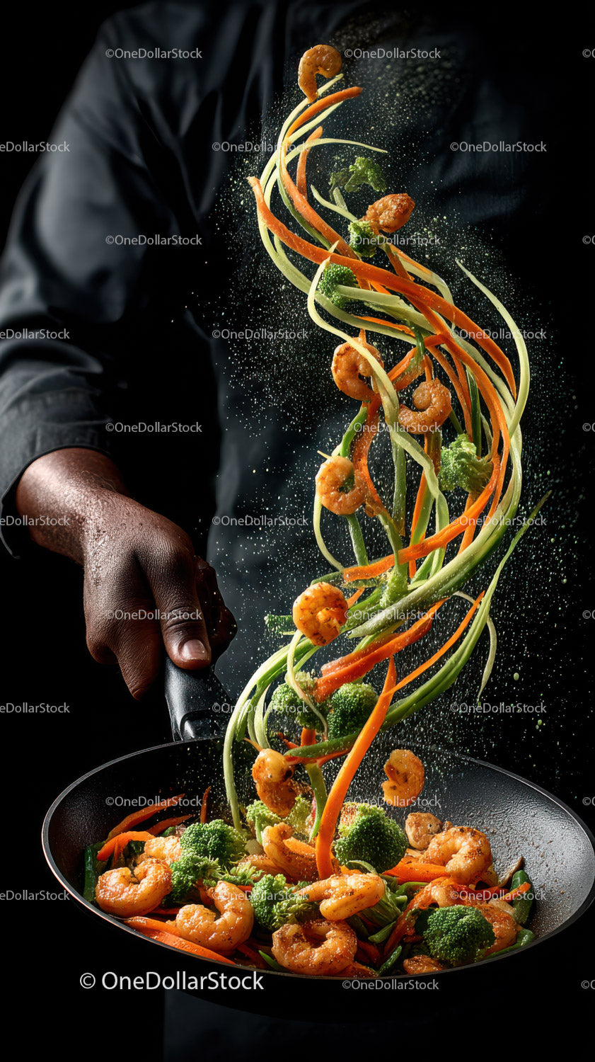 Vibrant Shrimp with Broccoli and Carrots in a Wok