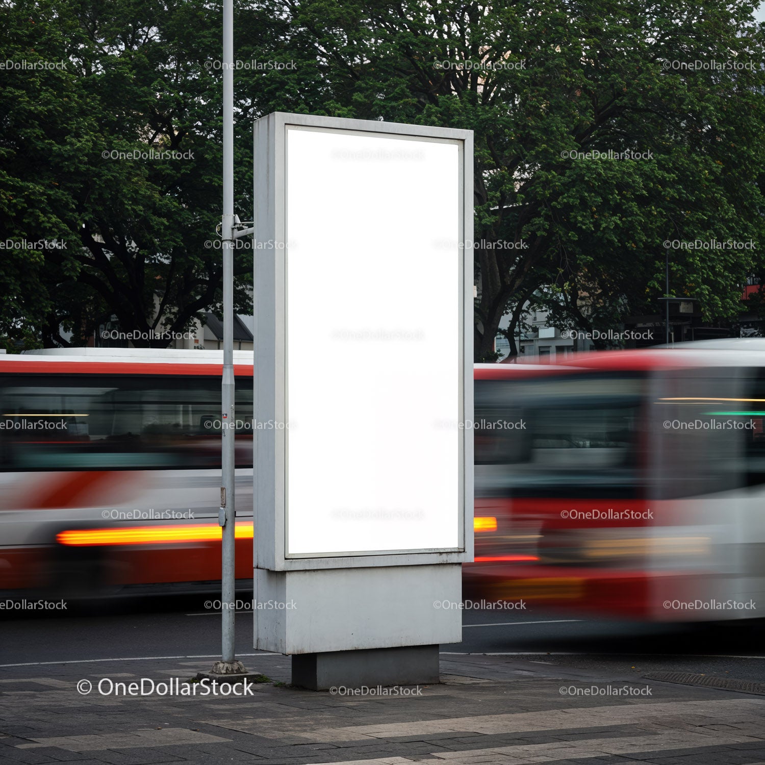 Blank vertical street billboard with blurred city traffic