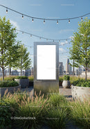 Urban rooftop garden with illuminated blank billboard