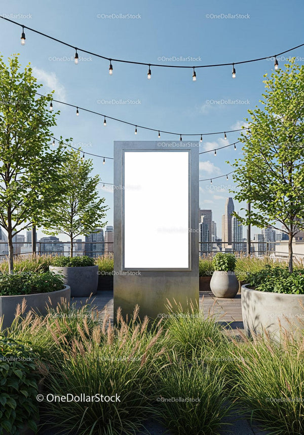 Urban rooftop garden with illuminated blank billboard JPG Mockup Image