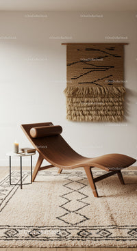 Minimalist wooden lounge chair with cozy decor elements