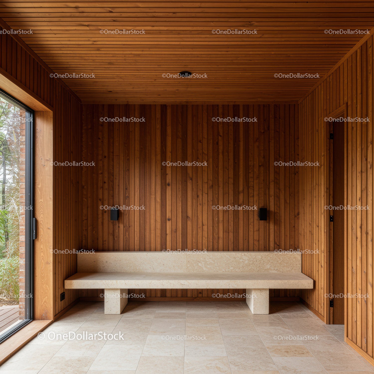 Nowoczesna drewniana sauna z wygodną ławką i naturalnym światłem