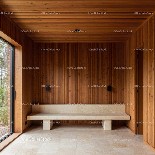 Modern Wooden Sauna Room with Cozy Bench and Natural Light