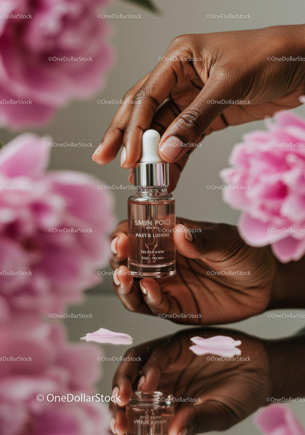 Elegant Oil Dropper Bottle in Hand with Pink Flowers for Skincare JPG Mockup Image