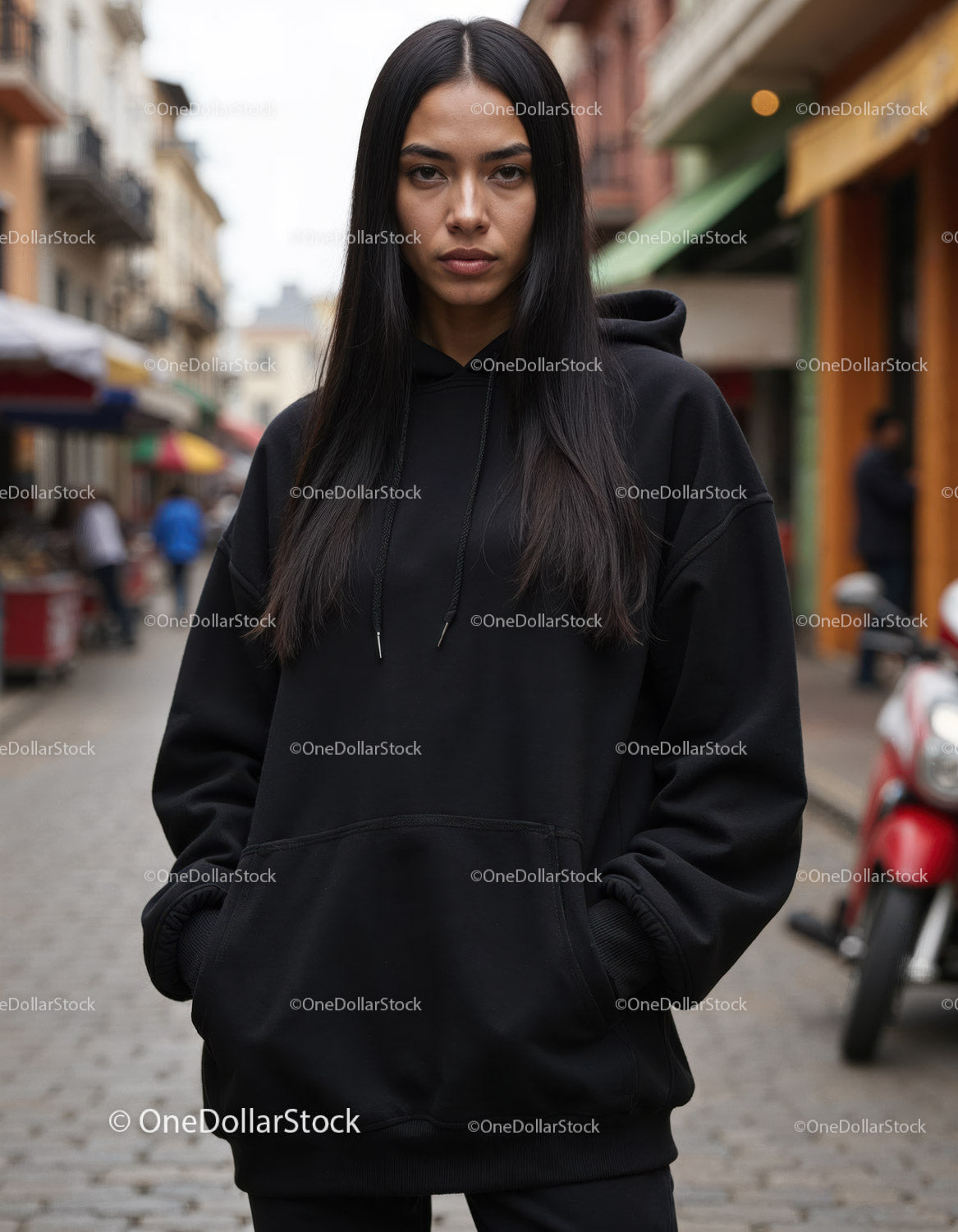 Fashionable Woman Wearing Black Hoodie in Urban City Street