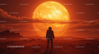 Astronaut Standing on Alien Planet with Large Sun Setting Behind