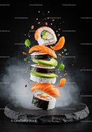 Creative Floating Sushi Composition with Fresh Ingredients