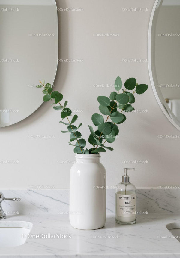 Elegant Bathroom with Eucalyptus in White Vase and Marble Countertop