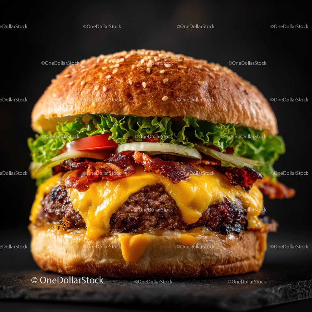 Soczysty cheeseburger z boczkiem i świeżymi warzywami na ciemnym tle