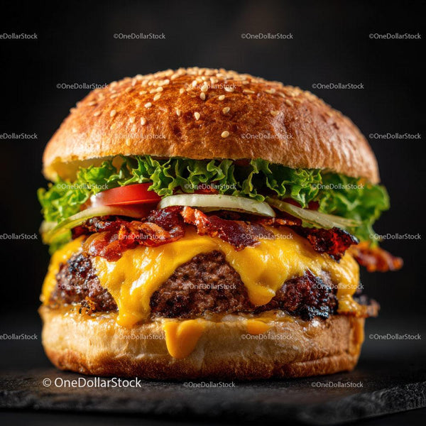 Juicy Cheeseburger with Bacon and Fresh Vegetables on a Dark Background