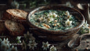 Clay Bowl with Fresh Herbs and White Flowers on Rustic Wooden Table