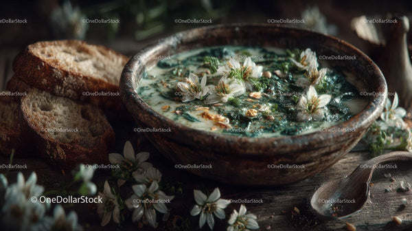 Clay Bowl with Fresh Herbs and White Flowers on Rustic Wooden Table