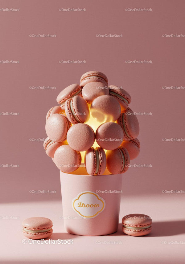 Pink macarons arranged on glowing stand in pastel setting