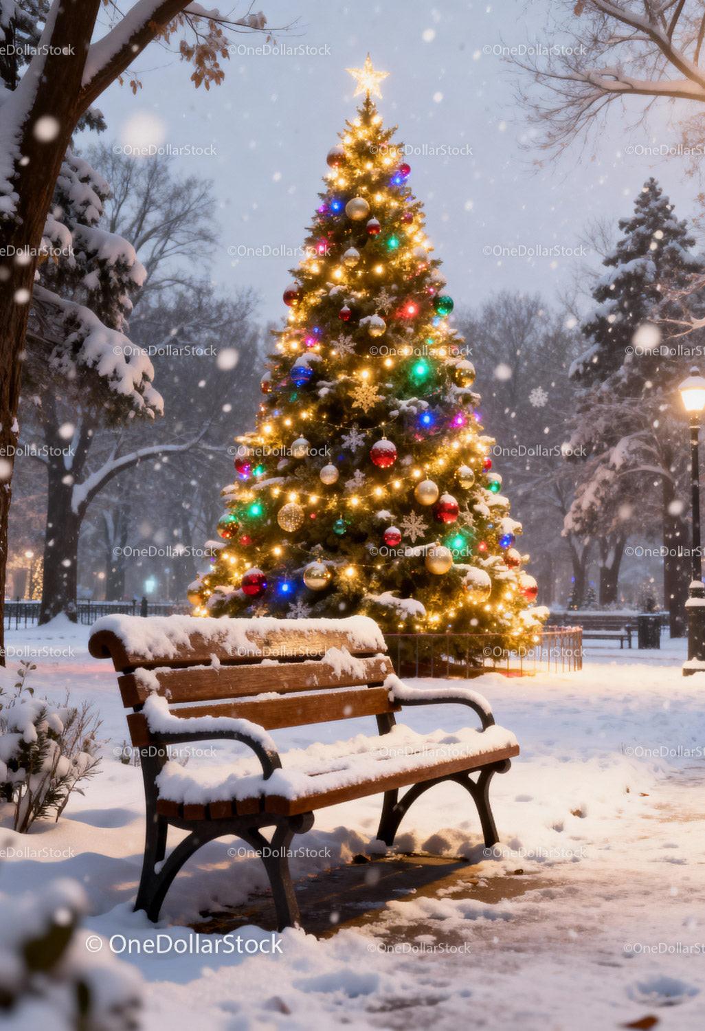 Snow-covered park bench near bright decorated Christmas tree