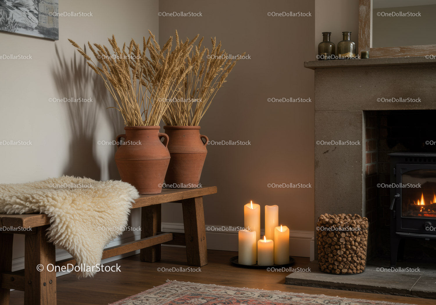 Cozy rustic corner with dried wheat and flickering candles