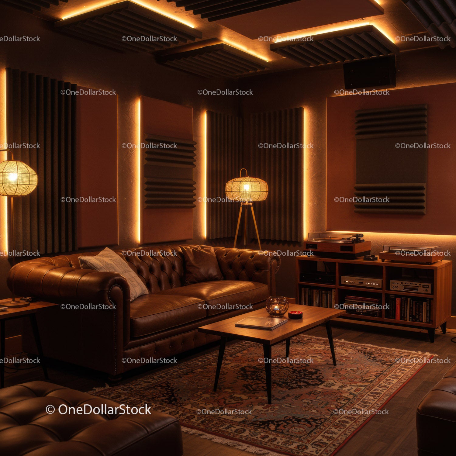 Cozy living room with leather sofa and warm lighting