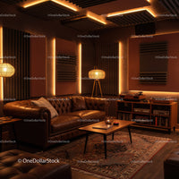 Cozy living room with leather sofa and warm lighting